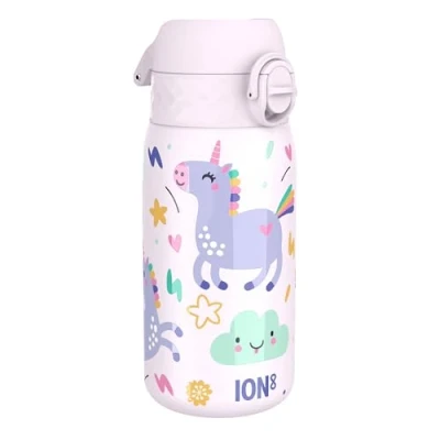 Afbeelding van ION8 Geïsoleerde Stalen Waterfles, 320 ml/11 oz, Lekvrij, Makkelijk te Openen, Veilige Sluiting, Vaatwasserbestendig, Draaghandvat, Hygiënische Flip Cover, Reliëfprint, Ontwerp Eenhoorns Drinkfles