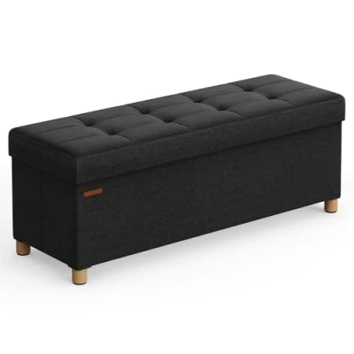 Afbeelding van SONGMICS Poef met opbergruimte, inklapbare zitbank poten, 38 x 110 40 cm voetenbank, opbergdoos, tot 300 kg belastbaar, voor woonkamer, slaapkamer, hal, inktzwart LSF018B11
