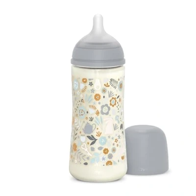 Afbeelding van Suavinex, babyfles 360 ml flesje met fysiologische siliconenzuiger SX Pro en anti koliek ventiel dichte speen (L) voor baby&#039;s vanaf 6 maanden Wonderland, bloemen, lichtblauw