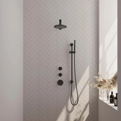 Afbeelding van BRAUER Black Edition thermostatische inbouw regendouche SET 13 met 20 cm douchekop en rechte muurarm staaf handdouche doucheslang