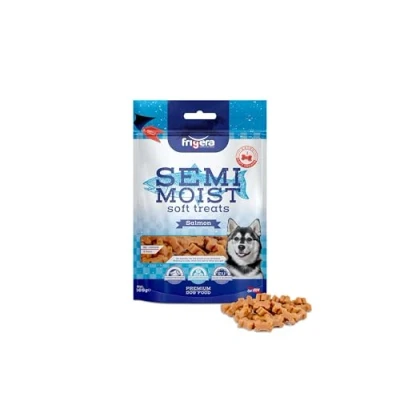Afbeelding van Frigera Semi Moist Soft Treats Zalm 165g Zachte hondensnoepjes, lekkere beloning voor training en tussendoor, zonder toegevoegde suikers, geproduceerd in België.