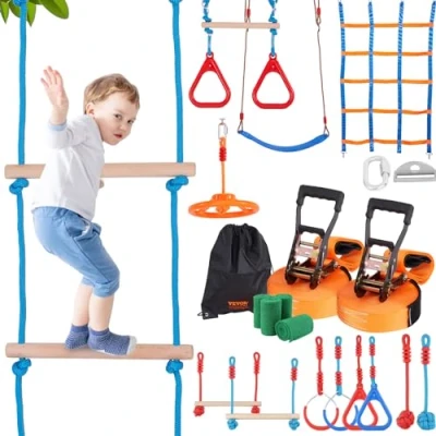 Afbeelding van VEVOR ninja Slackline hindernissenset, 2 x 18,29 m slacklines, 226,8 kg draagkracht, hinderniscursus, outdoor speelsetuitrusting, achtertuin speelgoed, trainingsuitrustingsset met 14 obstakels