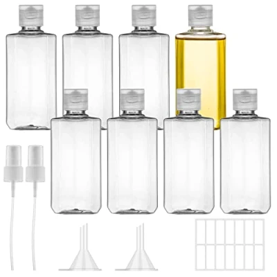 Afbeelding van 8 stuks 100 ml reisflessenset, plastic fles met flip dop, transparant, lege cosmetica, reiscontainer sprinkler, trechter en etiket voor vliegreizen, shampoo, conditioner lotion (100 ml)