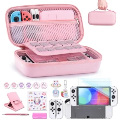 Afbeelding van Switch OLED accessoiresbundel innoAura 18 in 1 bundel met NS Case, Game schermbeschermer, standaard, duimgrepen (Roze)