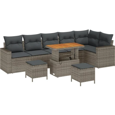 Afbeelding van vidaXL 9 delige tuinsofa set met kussens grijs poly riet acacia