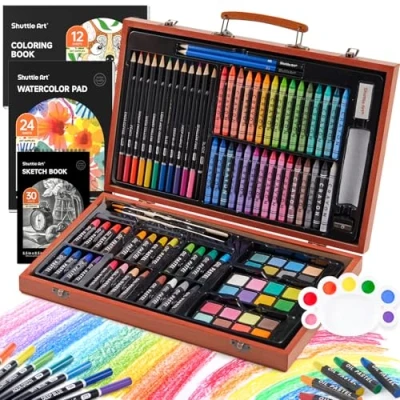 Afbeelding van Shuttle Art 118 delige luxe kunstset, kunstbenodigdheden in houten koffer, schilderij tekenkunst kit met acrylverf potloden oliepastels aquarel taarten kleurboek schetsblok voor kinderen en