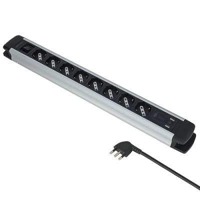 Afbeelding van Electraline 61922 Alu Line meervoudige stekkerdoos, 8 stopcontacten, veelzijdig, Schuko + 10/16 A 3 USB (2 3.0 1 C 20 W Power Delivery) met verlichte aan/uit schakelaar, 2 m,