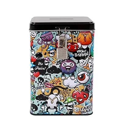 Afbeelding van I TOTAL® Grappige spaarpot met hangslot en sleutel/portemonnee van metaal sluiting (graffiti)
