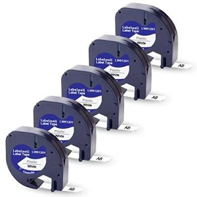 Afbeelding van Labelwell 5 x compatibele tape vervanging voor Dymo 91221 S0721660 91201 plastic zwart op wit 12 mm 0,47 LetraTag 200B LT 100H 100T Plus 110T QX 50 XR XM 2000 labelprinter