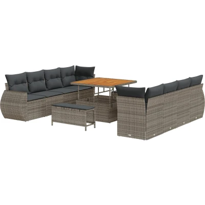Afbeelding van vidaXL 11 delige Tuin Sofaset met Kussens Grijs Poly Rattan Acacia, 3 Eetset Acacia