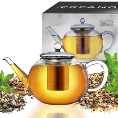 Afbeelding van Creano glazen theepot 1.6l 3 delige met geïntegreerde roestvrijstalen zeef en deksel, ideaal voor het bereiden van losse thee, druppelvrij, alles in één