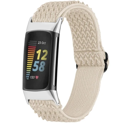 Afbeelding van Elastisch nylon bandje voor de Fitbit Charge 5 / 6 Beige iMoshion Textiel