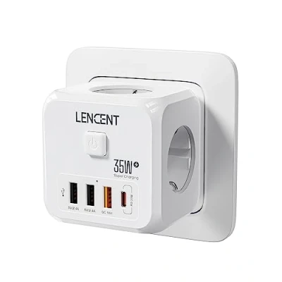 Afbeelding van LENCENT USB stopcontact met snel opladen, PD35 W, stekkerdoos 4000 3 AC uitgangen, en 1 meervoudige schakelaar, oplader voor familie, keuken kantoor