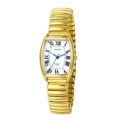 Afbeelding van JewelryWe Dames Easy Reader Analoge Horloge Goud/Verzilverd Elastische Band Polshorloge, voor Kerstmis, Vierkante Romeinse cijfers Goud, armband
