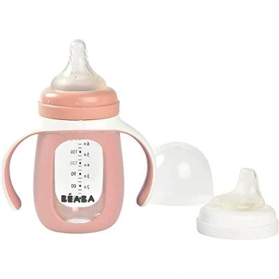 Afbeelding van Béaba Trainingsfles 2 in 1 Glazen waterfles met siliconen hoes Roze 210ml