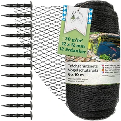 Afbeelding van TTL Garden 6 x 10 m vijvernet vogelbeschermingsnet zwart 30 g/m² 12 mm fijnmazig sterk HDPE zwembadnet fruitboomnet tuinnet, vogelafweernet, scheurvast, rekbaar, robuust met grondankers