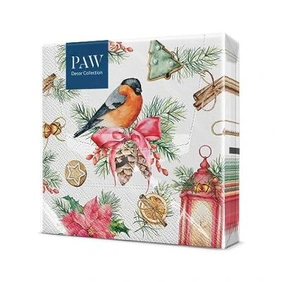 Afbeelding van PAW 3 laags Papieren Servetten met kerst, winter, goudvink en lantaarn ontwerp. lagige zijden Servetten, 33 x cm, 20 Stuks. Ideale tafeldecoratie voor Kerstmis