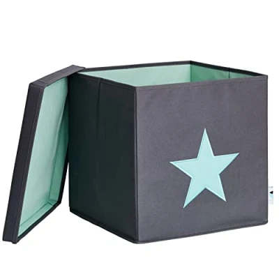 Afbeelding van Love it Store Opbergdoos met deksel Stoffen doos voor op een plank Vierkant en extra stevig Grijs groene ster 33x33x33 cm