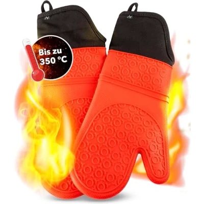 Afbeelding van AVANA Siliconen ovenhandschoenen, hittebestendig, antislip, kookhandschoen met zachte katoenen binnenvoering tot 350 C, handschoenen voor koken en bakken, rood