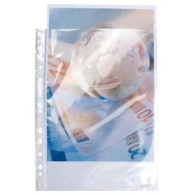 Afbeelding van Exacompta Ref. 5990E Zakje met 10 geperforeerde showtassen in gladde polypropyleen Dikte 9/100e Universele perforatie 11 gaten Opbergformaat A4 maxi of 24x32cm verticaal kleurloos