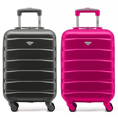 Afbeelding van Flight Knight Set van 2 lichte koffers met harde buitenkant en 4 wielen, ABS, voor meer dan 100 luchtvaartmaatschappijen, British Airways, Ryanair, easyJet, handbagage waar je niet hoeft te betalen, Houtskool/Roze, 55x35x20cm