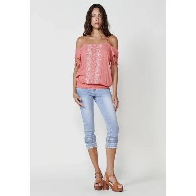 Afbeelding van KOROSHI Blouse pastelblauw / koraal zalm roze wit