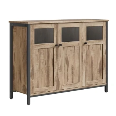 Afbeelding van VASAGLE Dressoir Keukenkast Opbergkast met Glazen Deuren voor Woonkamer Keuken Eetkamer Stalen Frame Industriële Stijl Kameel Bruin Inktzwart LSC099K02