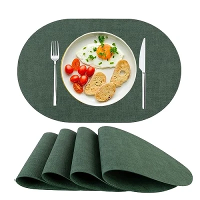 Afbeelding van placemat Afwasbare placemats van PU leer, hittebestendig, antislip, set 4 voor eettafel, keuken, Kerstmis groen