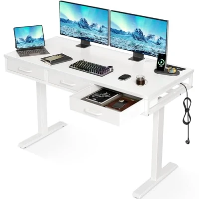 Afbeelding van OffiGo bureau in hoogte verstelbaar met laden, elektrisch stopcontact, 140 cm, tafel, verstelbare computertafel, staand bureau, wit