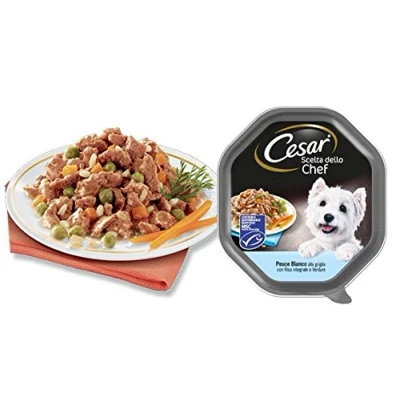 Afbeelding van Cesar Keuze van de chef kok, natvoer voor honden met gegrilde witte vis, volkoren rijst en groenten, 14 schalen 150 g: in totaal 2100 g
