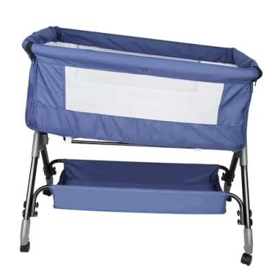 Afbeelding van Bedbanken, Bijzetbed voor baby&#039;s, met schommelmodus, kantelfunctie, opklapbaar zijpaneel, verstelbare hoogte, 4 wielen, traps hoogteverstelling schuine 104 * 52 100 110 cm marineblauw