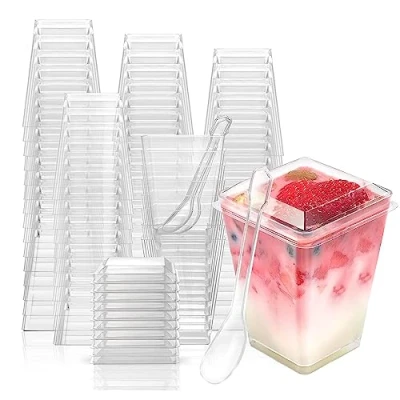 Afbeelding van PALUDO 50 Stuks Mini Dessertbekers met Deksels en Lepels, 150ml Dessertglazen Plastic Helder, Herbruikbare Set voor Mousse Pudding Bruiloftsfeest