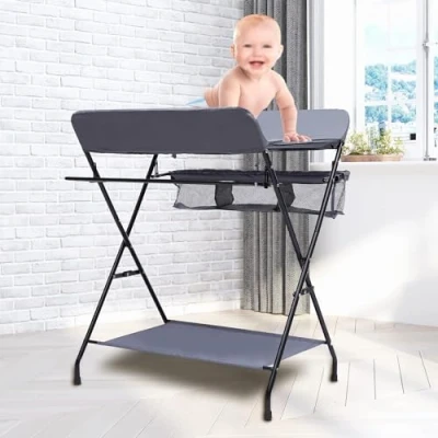 Afbeelding van Opvouwbare en draagbare commode,Draagbare multifunctionele luierwisseltafel,mobiele commode met aankleedkussen, veiligheidsgordel opbergvakken 80 * 66 98cm (grijs)