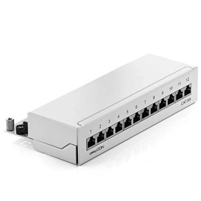 Afbeelding van deleyCON CAT 6a Patchpanel Distributiepaneel 12 Poorts Desktop &amp; Wandbevestiging Afgeschermd 12x RJ45 Aansluiting TIA568A TIA568B Lichtgrijs
