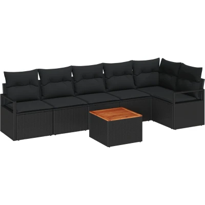 Afbeelding van vidaXL 7 delige Tuin Sofa Set met Kussens Zwarte Poly Rattan Acacia
