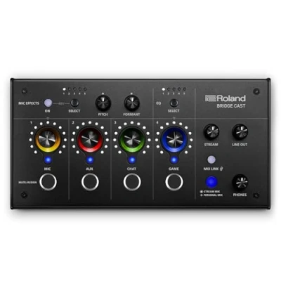 Afbeelding van Roland BRIDGE CAST Dual Bus Gaming Mixer in het Zwart Professionele Audio Streaming Interface en voor Online Gamers 32 Bit Hardware DSP USB C Windows Mac Aansluitingsmogelijkheden