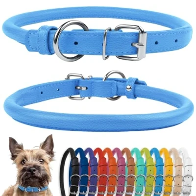 Afbeelding van CollarDirect Gerolde lederen halsband, zachte gewatteerde ronde puppykraag, handgemaakte halsband hond kleine grote kattenhalsbanden zwart roze rood paars blauw (past 9&quot; 11&quot; hals, blauw)