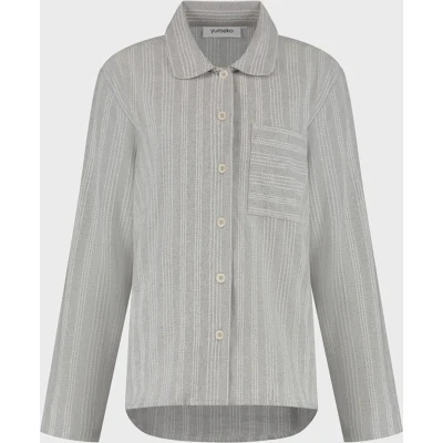 Afbeelding van Yumeko pyjamashirt dames velvet flanel lichtgrijs/wit stripe xl