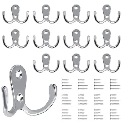 Afbeelding van Bolatus 12 stuks kledinghaken, dubbele wandhaken, retro haken, metaal, zilver, vintage, met 48 schroeven, voor garderobehaken, badkamer, keuken (zilver)