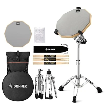 Afbeelding van Donner Drum oefenpad met snaredrumstandaard, inclusief dubbelzijdig 12 inch drumpad, drumsticks, verstelbare standaard past op 10&quot; 14&quot; Dia Drums