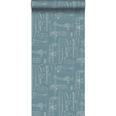 Afbeelding van Leen Bakker ESTAhome Behang Vliegtuigen Donker Vintage 53cm X 10,05 M Blauw Vlies