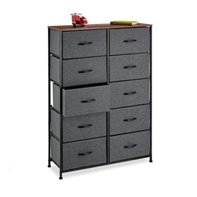 Afbeelding van Relaxdays ladekast, HBD 120 x 85,5 30 cm, metaal, houtlook, 10 lades van stof, plank, moderne bijzetkast, meerkleurig