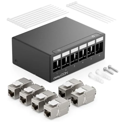 Afbeelding van deleyCON 6 Poorts Patchpanel Set Patch Field 1HE + 6x RJ45 Keystone Jack Module STP CAT6a Compatibel met Installatiekabels CAT5 CAT6 CAT7 Netwerkkabel Ethernet LAN DSL Zwart