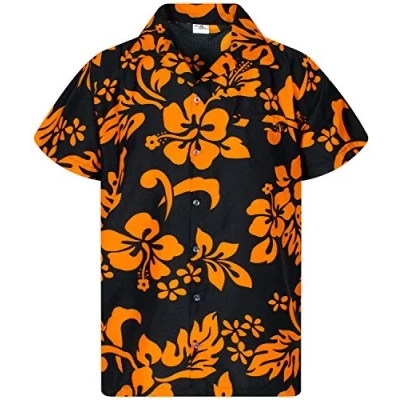 Afbeelding van Funky Hawaiiaans Overhemd, Hawaii Korte Mouw, Hibiscus, Oranje Zwart, 5XL