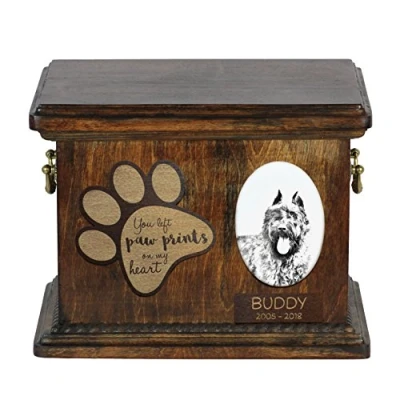 Afbeelding van Art Dog Custom Memorial Urn Handgemaakt Koud Gegoten Bronzen Portret op Berken Basis met Gepersonaliseerde Keramische Plaat 8,3x11,4x8,7 Bouvier