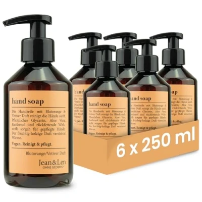 Afbeelding van Jean &amp; Len handzeep Bloedsinaasappel Vetiver, in set, reinigt de handen zacht, vloeibare zeep pompdispenser, fruitig geur, zonder siliconen, veganistisch, 6 x 250 ml