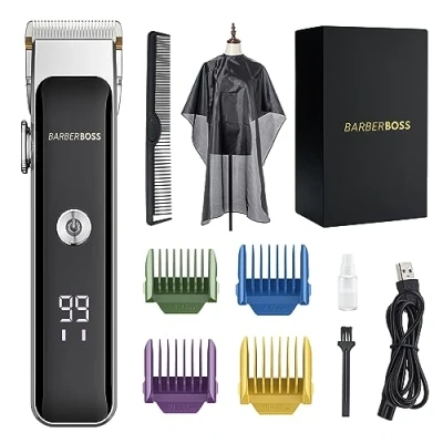 Afbeelding van BarberBoss Professionele gezichtstrimmer voor baard en haar, compact ontwerp, precisiewijzerplaat, 2 snelheidsinstellingen, USB oplaadbaar, keramisch &amp; titanium mes, LED display, QR 2089