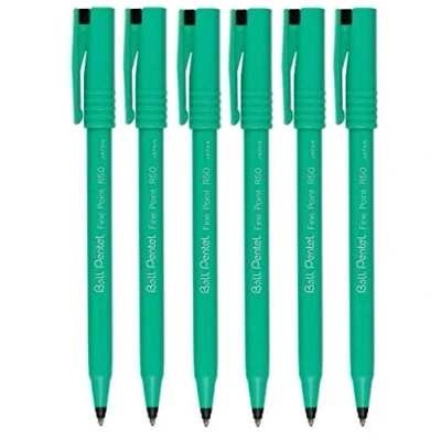 Afbeelding van Pentel R50 Fine Point Vloeibare Inkt Rollerball Pennen 0.8mm Tip 0.4mm Lijnbreedte 77% Gerecycled Zwarte Pack van 6 in Geschenkdoos