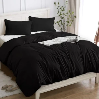 Afbeelding van Cotopuro Beddengoed 155 x 200 cm, 3 delig, 100% katoen, dekbedovertrekset cm (1 kussensloop 50 80 cm), van premium 150 g/m², zacht, ademend, hypoallergeen, zwart