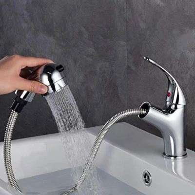 Afbeelding van GAVAER Wastafelarmatuur, hoge badkraan badkamer, waterkraan, badkraan, eenhands wastafelkraan met uittrekbare dubbele spoeldouche, koud en warm water beschikbaar